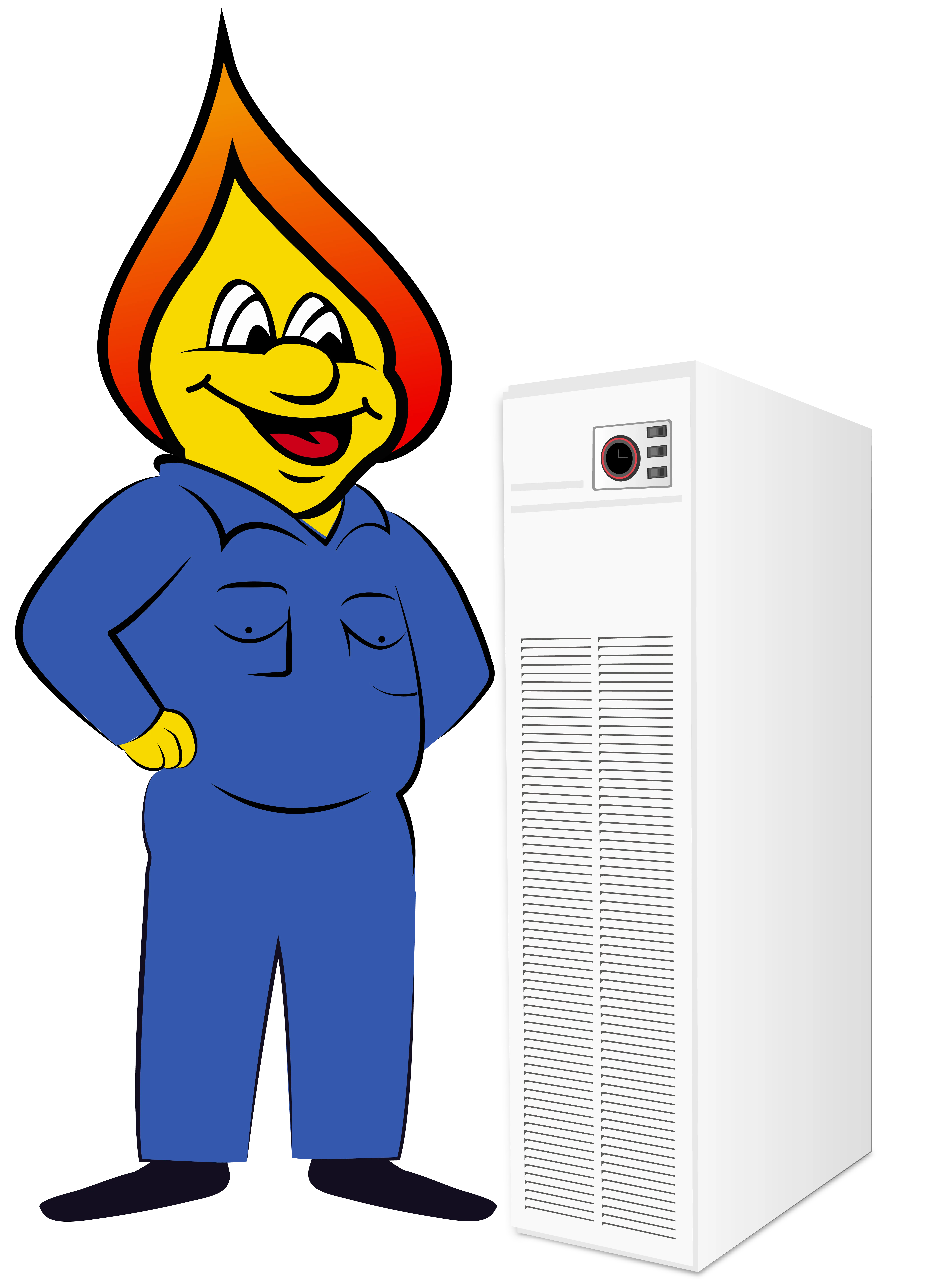 mascot standing next to warm air heating unit
